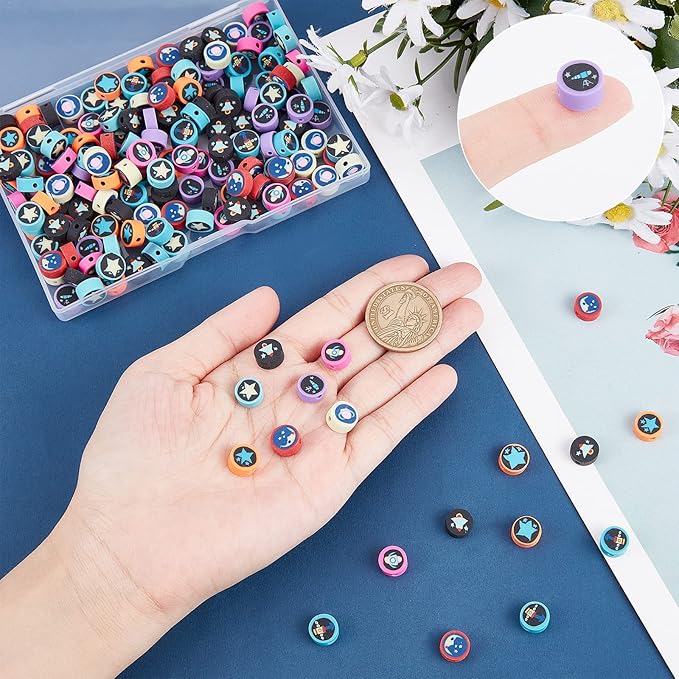 SUNNYCLUE 1 Box 200Pcs Handmade Polymer Clay Beads Kit Outer Space Theme Clay Handmade Beads Loose Spacers for Women Adults Jewelry Making Bracelet Necklace Earring Keychain Accessories