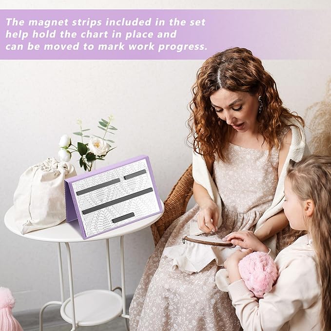 Flutesan 1 Pcs Purple Knitting Pattern Holder, Fold up Cross Stitch Knitting Chart Keeper with 4 Pcs Replacement Magnets, Cross Stitch Accessories Supplies, Unfolded Size 13.2 x 9 Inch