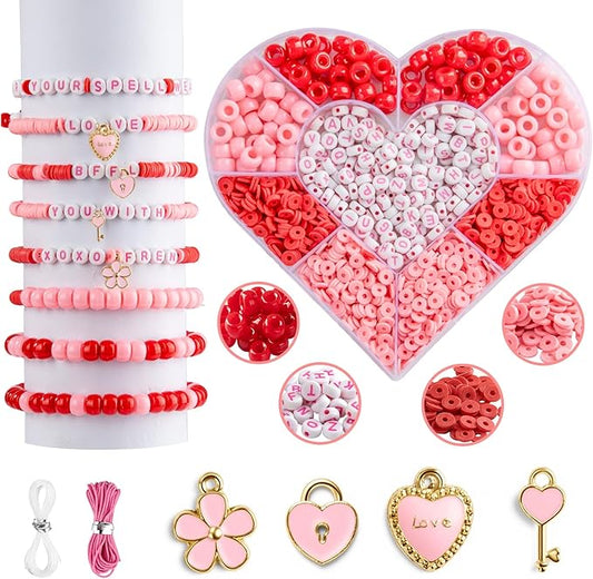 Taybonds Valentine's Day Bracelet Making Kit – Heart-Shaped Bead Box with Red & Pink Pony & Clay Beads, Letter Beads, Charms & Elastic Cord, Valentine Jewelry Gift Set