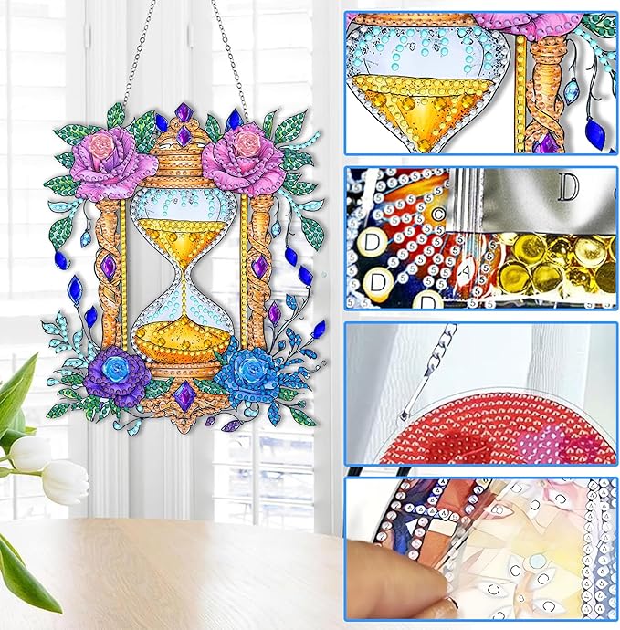 Reofrey Hanging Diamond Art Kits for Adults– 8x8 Inch Hourglass Acrylic Board Double Sided Pattern Diamond Painting Suncatcher Pendant, DIY Crystal Art for Home Wall or Window Decoration Handmade Gift