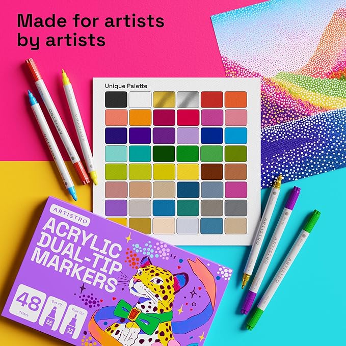 ARTISTRO 48 Acrylic Paint Markers for Rock, Fabric, Wood, Glass, Eggs - Dual-Tip Paint Pens for Coloring Books for Adults, Teens, Kids - Art & Craft Supplies - Gift Idea - Easter Basket Stuffers