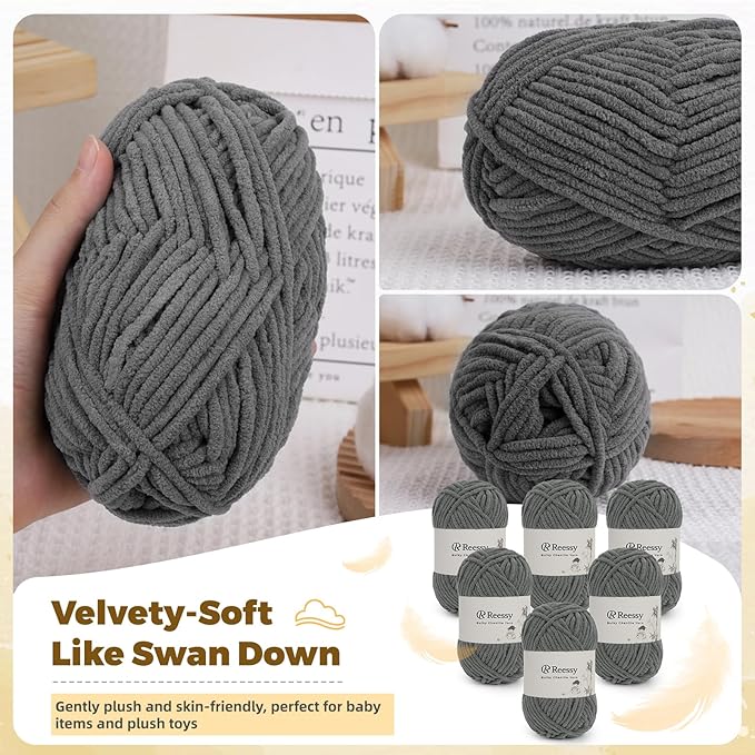 Bulky Chenille Yarn for Crocheting – 6 Pack of 50g/1.76oz Skeins, Pure Polyester, CYC #5 Bulky Weight – Ultra Soft Chenille Yarn Pack for Crafting Plush Toys, Blankets, Scarves(Charcoal Gray)