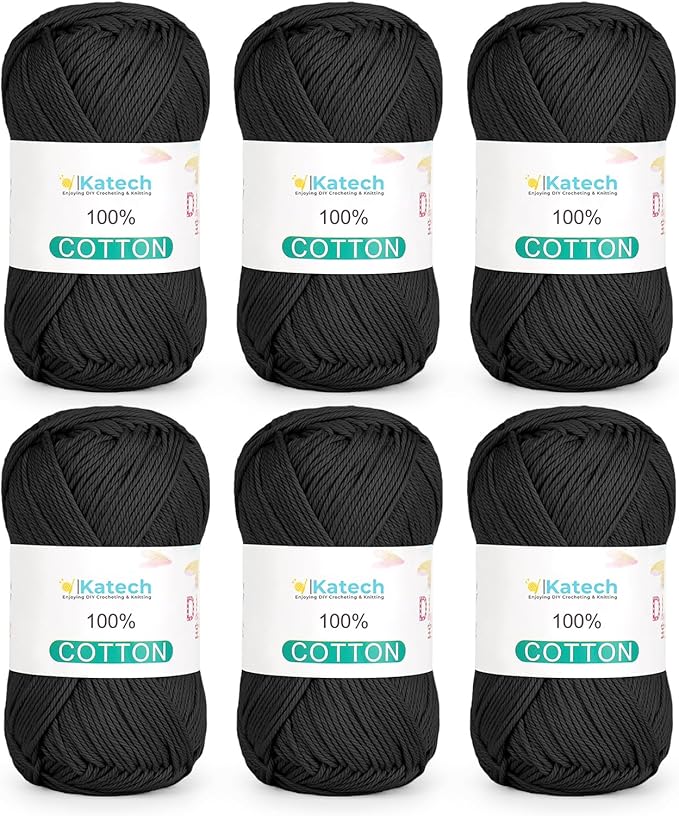 Katech Pure Cotton Yarn for Crocheting & Knitting–Soft Sport Weight CYC #2, 6 Skeins (50g Each, 300g Total), Ideal Crochet Yarn for Dishcloths, Baby Clothes, Socks, Lightweight Scarves（Black）