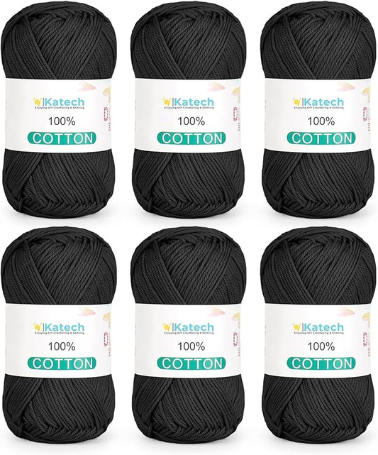 Katech Pure Cotton Yarn for Crocheting & Knitting–Soft Sport Weight CYC #2, 6 Skeins (50g Each, 300g Total), Ideal Crochet Yarn for Dishcloths, Baby Clothes, Socks, Lightweight Scarves（Black）