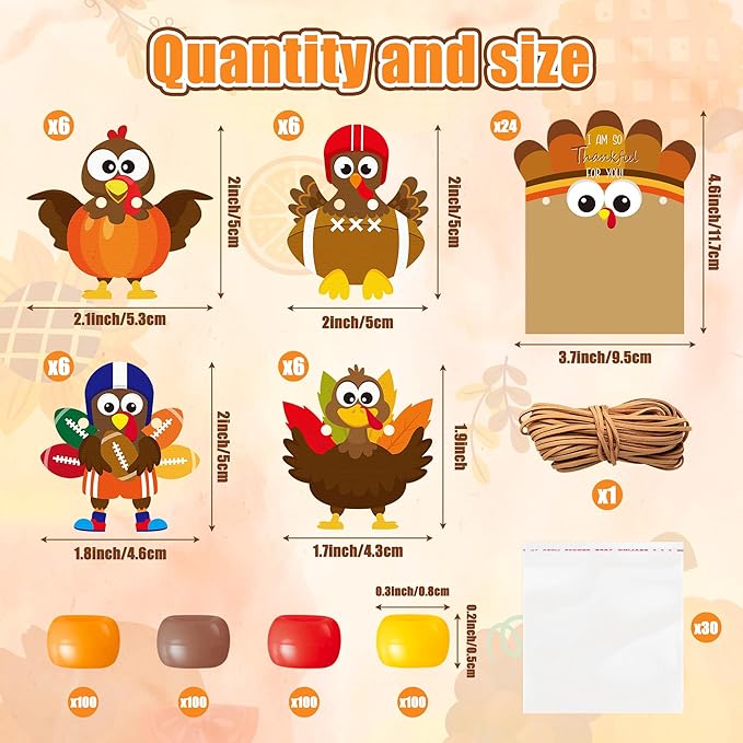 BeYumi Thanksgiving Necklace Craft Kit - 24Pcs DIY Fall Thankful Turkey Wooden Pendant Beads Necklace Making with Greeting Card Autumn Gratitude Charms Kit Home School Classroom Party Favor