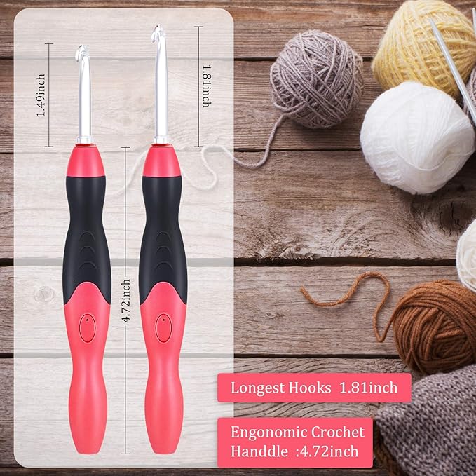 Chuangdi 11 Sizes Lighted Crochet Hooks Set Rechargeable Crochet Hook Light up Hooks with Case, Interchangeable Heads 2.5 mm to 8 mm for DIY Craft Supplies(Red-Black)