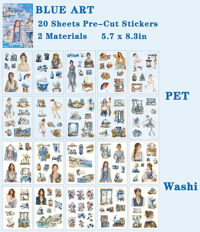 Stickers for Journaling, 20 Sheets Blue Art Junk Journal Sticker, PET Washi Materials Scrapbooking Supplies for Adults, People Women Transparent Decorative Crafts