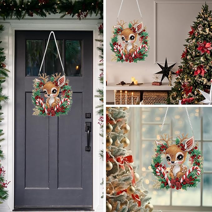 MEIYUDA Christmas Deer Diamond Art Hanging Kits for Adult, Elk Wreath Diamond Painting Hanging Kits Ornaments, DIY Special Shaped Rhinestone Window Pendants kit for Home Garden Wall Decor