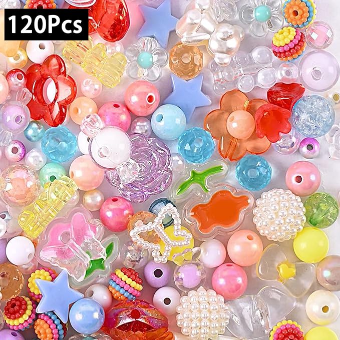 120 Pcs Acrylic Assorted Beads Mix Color Flower Heart Butterfly Candy Beads Pastel Beads Candy Color Plastic Beads Cute Round Beads Bulk for Bracelets Jewelry Making Necklaces DIY Crafts