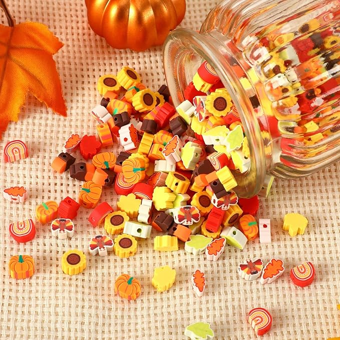 Augshy 300Pcs Fall Clay Beads,Thanksgiving Autumn Polymer Clay Beads for Jewelry Making Fall Colored Bracelet Making Kit Maple Leaves Pumpkin Pine Cone Turkey Bead for Bracelets Necklaces Earrings