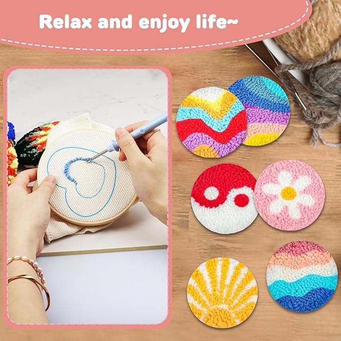 AIRDEA Punch Needle Drink Coasters Kit,Casual Punch Needle Embroidery Complete Kits for Beginner 3.29x3.29 Inches,Included All Accessories,DIY Car Coasters (Pink)
