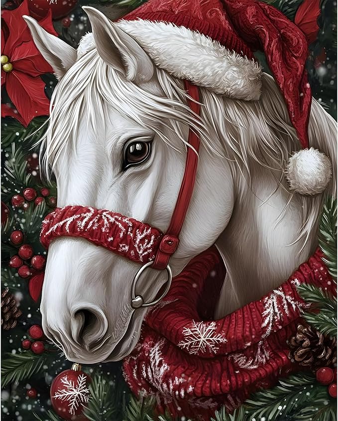 EMIEAUFG Christmas Diamond Art Kits for Adults, Christmas Horse Diamond Paiting Kit for Beginners, 5D DIY Round Full Drill Craft Diamond Dot Gem Art, Home Wall Decor 12" x 16"