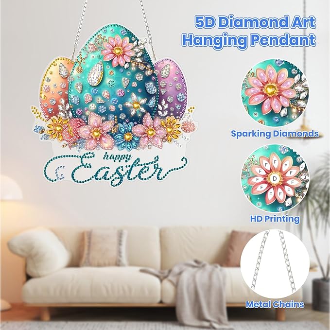 MOGTAA Easter Egg Diamond Art Hanging Kits for Adults Beginners, Flowers Diamond Art Suncatchers, 5D Special Shape Landscape Diamond Painting Window Pendant Kit for Home Garden Wall Decor