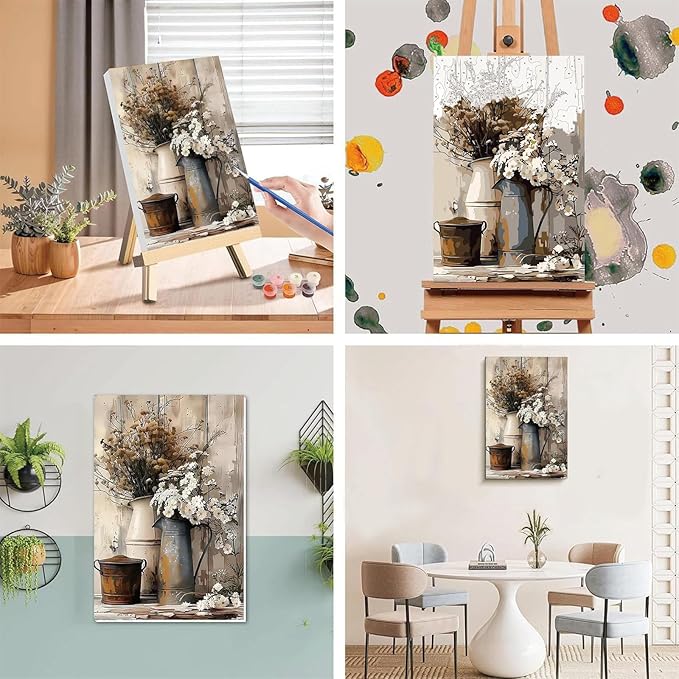 Vintage Flower Paint by Numbers for Adults with Framed Canvas - with Wooden Easel, Rustic Flowers Paint by Number on Canvas, DIY Acrylic Oil Painting Kits with Brushes for Home Wall Decor (8x12 inch)