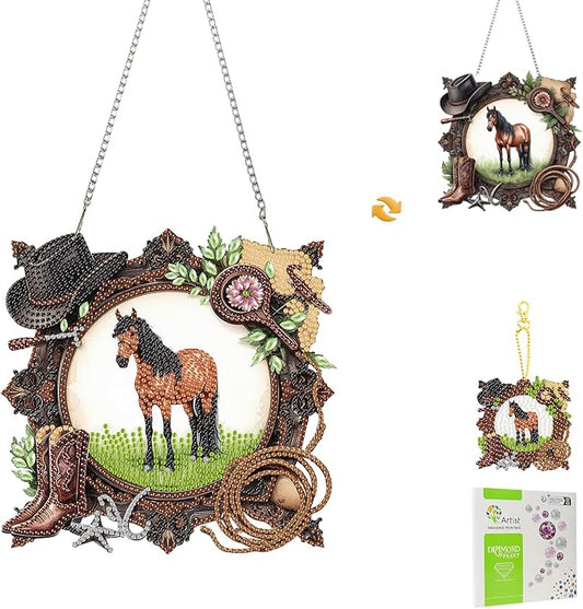 Masendp Cowboy Horse Diamond Painting Double-Sided Hanging Ornament Set, DIY Irregular Shaped Rhinestone Window Decoration Set, Suitable for Home and Garden Wall Decoration Gifts