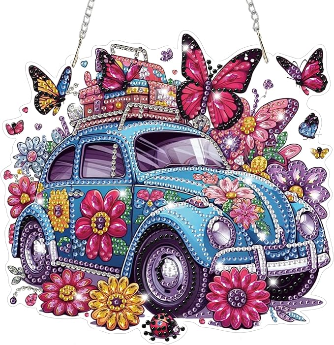 Car Diamond Art Hanging Kits for Adults, Diamond Art Suncatchers Flowers, 5D Special Shape Diamond Painting Butterfly Pendant Window Ornament Gifts for Home Wall Garden Door Decor