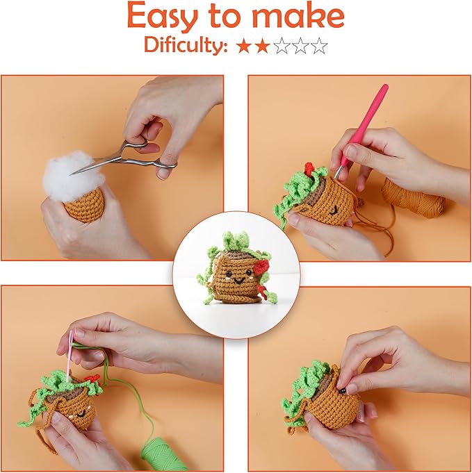 A-URA 3-in-1 Learn to Crochet Kit for Beginners Kids and Adults, Premium Pattern Sunflower, Panda Cactus, Hanging Pot Plant Beginner Crochet Kits with Easy Tube Yarn & Step-by-Step Video Tutorials