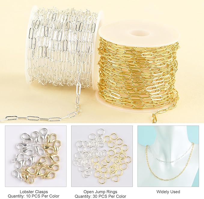 Kyutong 2 Rolls Paperclip Chain for Jewelry Making 32.8 Feet Jewelry Chain Links Silver and Gold Chains Bulk with Lobster Clasps and Jump Rings for DIY Craft Finding Jewelry Making Supplies