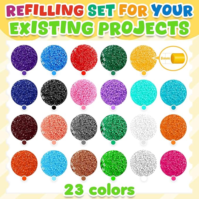 funzbo 23000+ 5mm fuse beads kit - 23 colors refill set with 3 pegboards, christmas beads crafts for kids, arts and crafts project, toys gifts for girls and boys aged 5+ years old gifts