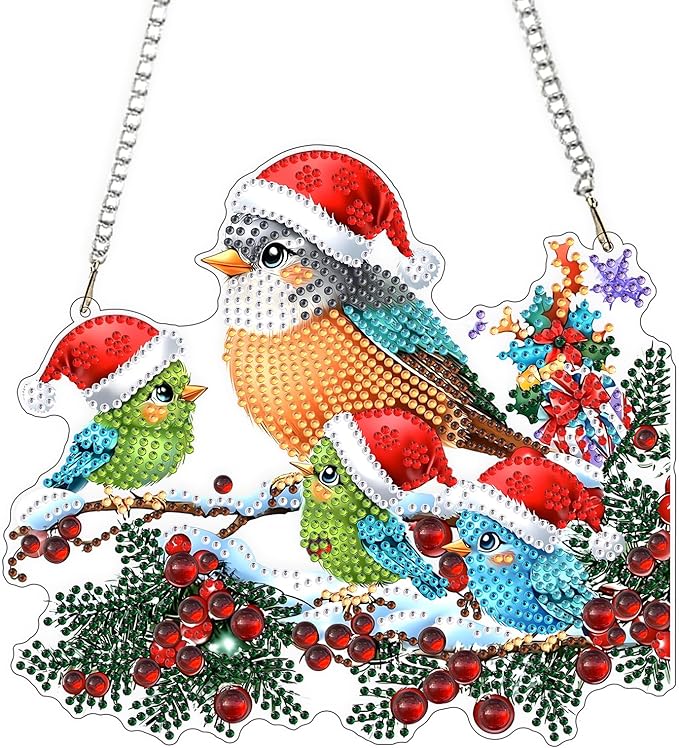 QENSPE Christmas Birds Diamond Art Hanging Kits for Adults with Chain, 5D Special Shape Berries Diamond Paingting Ornaments Kits,Easy DIY Crystal Pendant Gem Art for Home Garden Wall Decor 8X8 inch