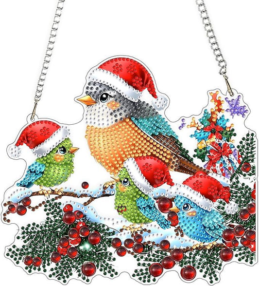 QENSPE Christmas Birds Diamond Art Hanging Kits for Adults with Chain, 5D Special Shape Berries Diamond Paingting Ornaments Kits,Easy DIY Crystal Pendant Gem Art for Home Garden Wall Decor 8X8 inch