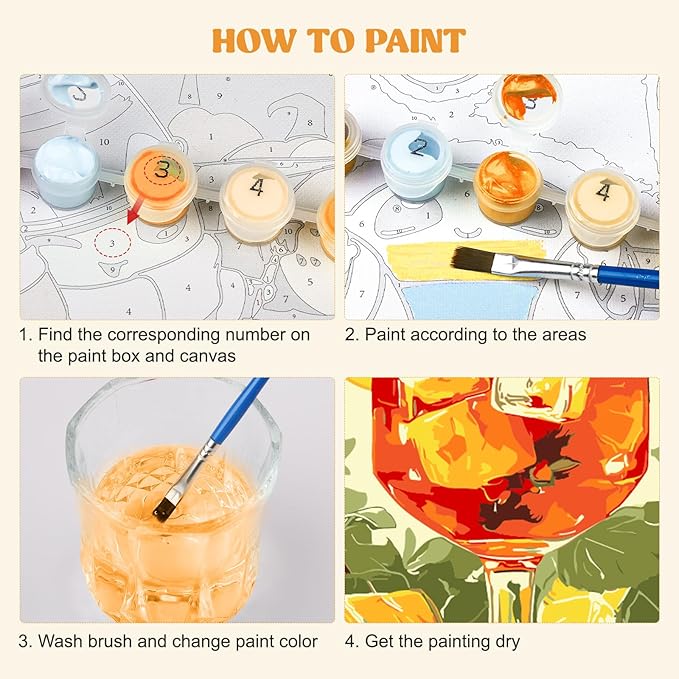 MXJSUA 4 Pack Cocktail Framed Paint by Numbers Kit with Canvas for Adults Beginner, DIY Acrylic Oil Painting Kits with Brushes for Home Wall Decor Gift (8x8 inch)