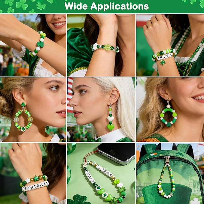 2200Pcs St. Patrick's Day Bracelets Beading Kit, Green Series Beads with Clover Charms, Shamrock Pendants, White & Green Round Beads for DIY Jewelry Making, Irish Festival Crafts, March 17 Party Decor