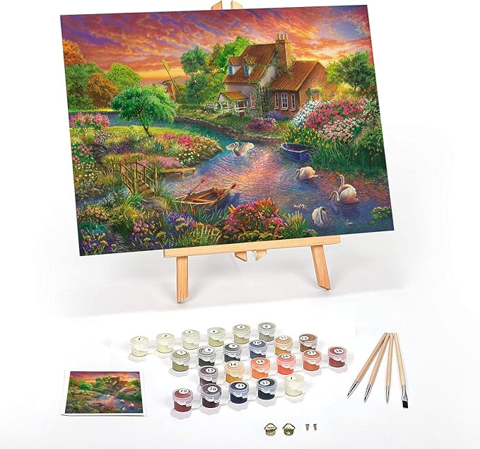 Ledgebay DIY Paint by Numbers Kit for Adults Framed Canvas Beginner to Advanced Paint by Numbers Kit Kits Include Acrylic Paint Set Brushes Tabletop Easel (Sunset Swans 16" x 20" Framed)