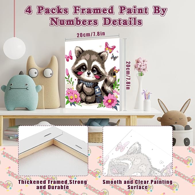 4 Pack Animal Paint by Number for Kids with Wooden Frame, Paint by Numbers for Kids Animals Ages 4-8-12, Easy Owl Fox Hedgehog Raccoon DIY Acrylic Oil Painting Kits for Home Wall Decor (8X8 inch)