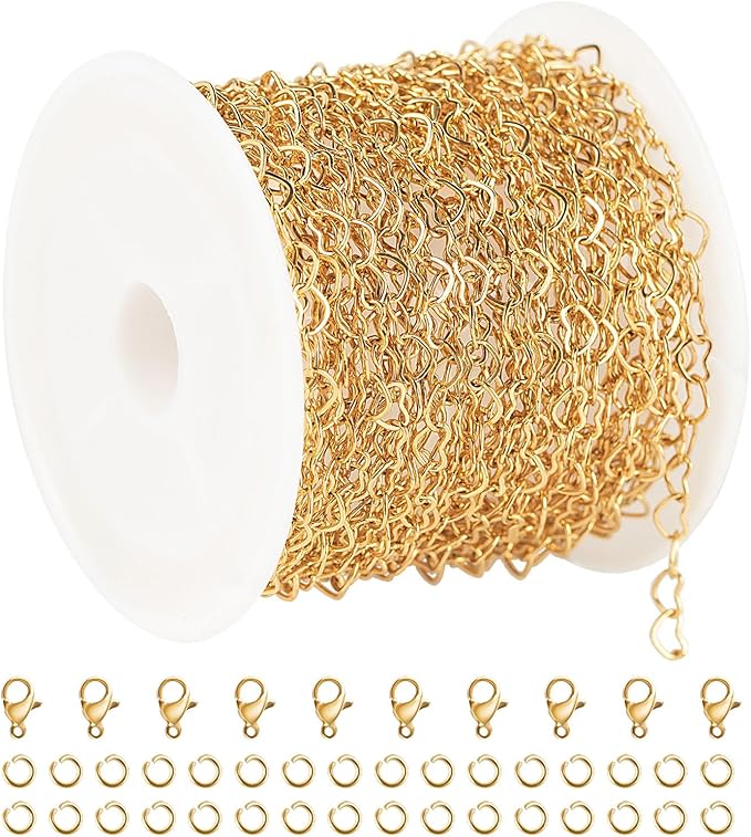 UMAOKANG 5 Meters Gold Plated Stainless Steel Chain for Jewelry Making Hollow Heart Chain Roll with Jewelry Findings