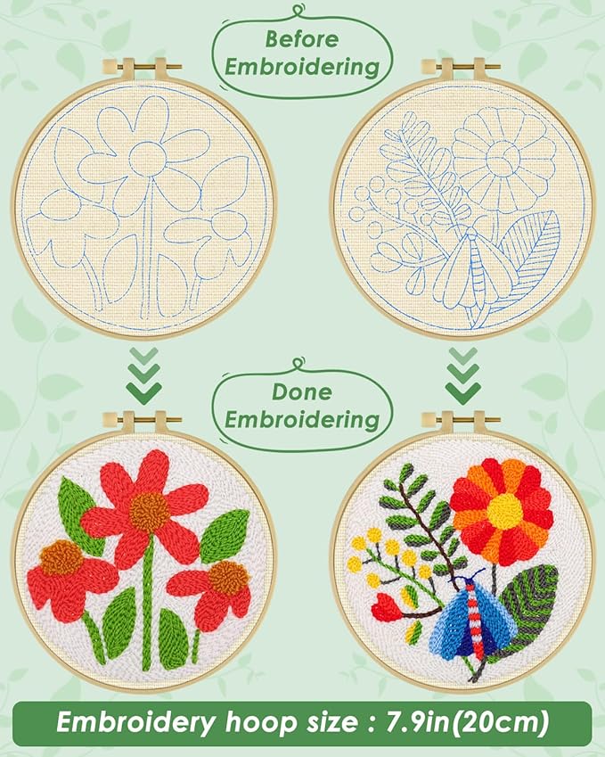 ERKOON Punch Needle Kit Adults Beginners, 2 Pcs DIY Easy Flower Embroidery Set for Starter Art Craft, Needling Punching Project with Patterns, Tools, Yarns, Hoop, Instruction (Safflower)