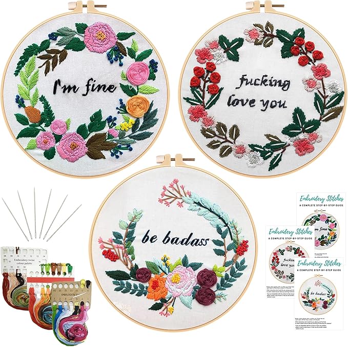 Nuberlic 3 Pack Funny Embroidery Kit, Handmade Cross Stitch Starter Kit for Beginners Adults