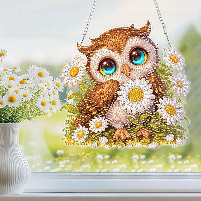 NEWENMO Diamond Art Kit for Adult, Floral Owl, Diamond Art Painting Double Sided Window Pendants for Home Garden Wall Hanging, DIY Special Shaped Gem Hanging Ornaments, Cute Owl
