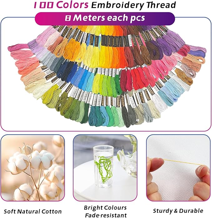 SNAIL GARDEN 256PCS Complete Embroidery Kit with Canvas Bag,2 Sticky Water Soluble Paper Stabilizers with 50 Patterns, 100 Colorful Threads, 5 Hoops, Fabric Pieces, Needle Threaders,Thread Organiser