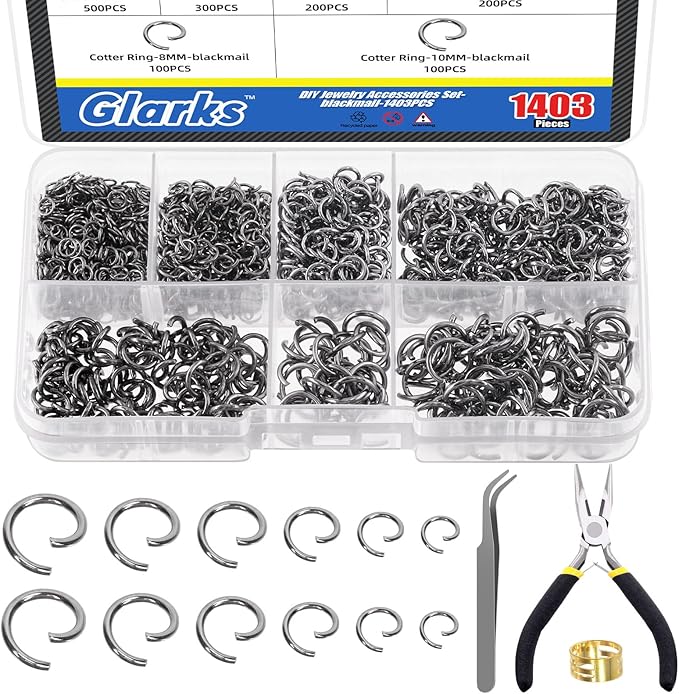 Glarks 1403Pcs 10mm 5mm 4mm 7mm 8mm Open Jump Rings Kit, Iron Round Ring Connectors Nickel Free Gun Black O Rings for Jewelry Making Connectors and Necklace Repair