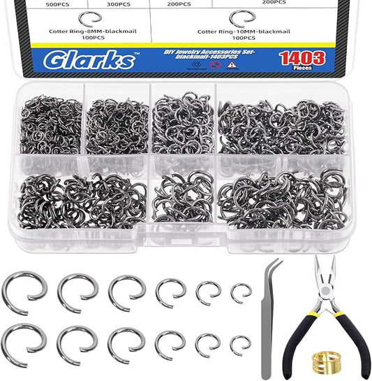 Glarks 1403Pcs 10mm 5mm 4mm 7mm 8mm Open Jump Rings Kit, Iron Round Ring Connectors Nickel Free Gun Black O Rings for Jewelry Making Connectors and Necklace Repair