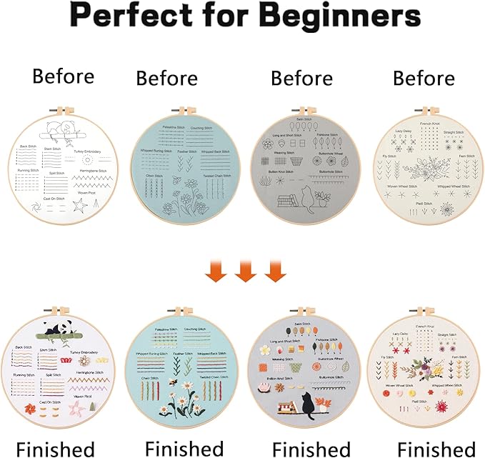 JOINRUN 4 Pack Beginner Embroidery Kit for Adults, Learn Stitches with Pre-Stamped Patterns, Step-by-Step Guide & Video, 7.8" Hoop, Threads & Needles, DIY Needlework Craft Gift for Women