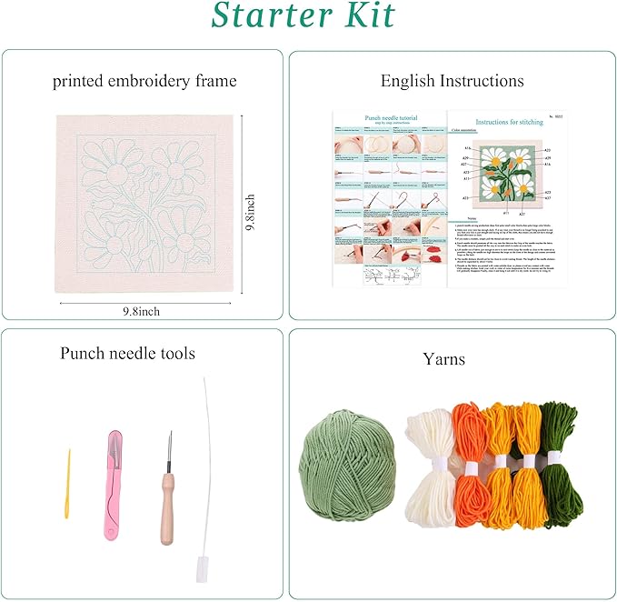 embroidery punch needle kit frame, embroidery starter kits for beginner kids,punch needle fabric with pattern,threader, yarns,embroidery hoops & rug punch(green)