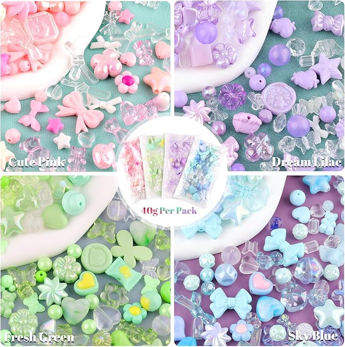 tinkrstuff assorted 180-240pcs acrylic beads for bracelet making, flower bow butterfly candy gummybear aesthetic bracelet charms,cute beads for jewelry making diy necklace keychain phone charm