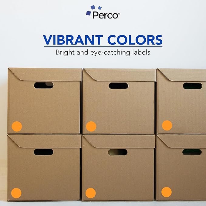 perco fluorescent orange 2-inch perforated circle dot sticker labels — 250 round stickers per roll — with permanent adhesive for organizing, color coding, bin labeling, packaging alerts — made in usa