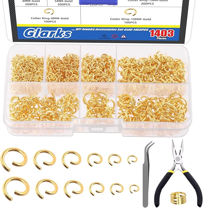 Glarks 1403Pcs 10mm 5mm 4mm 7mm 8mm Open Jump Rings Kit, Iron Round Ring Connectors Nickel Free Gold O Rings for Jewelry Making Connectors and Necklace Repair