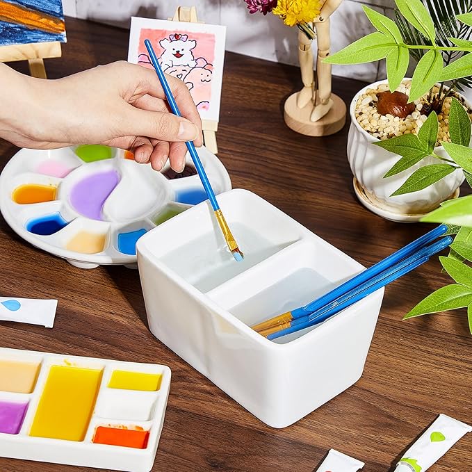 Skyygemm Ceramic Watercolor Paint Palette Set, 3pcs 14-Well & 9-Well Porcelain Mixing Trays with Brush Washer, Non-Stain Easy Clean for Artists