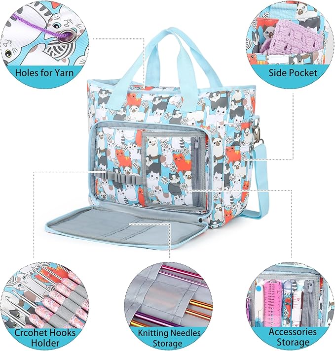 Aeelike Yarn Storage Organizer Travel Crochet Bag, Large Capacity Tote Bag Knitting Bag for Carrying Projects, Knitting Needles, Crochet Hooks and Yarn, Cute Blue Cat