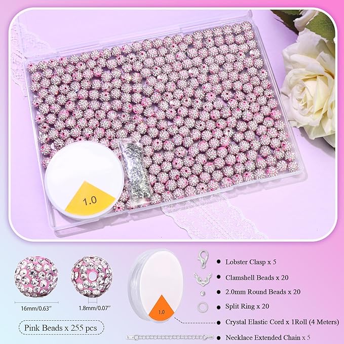 Dowarm 255PCS 10mm Rhinestone Beads, Pink Rhinestone Clay Beads for Baseball Necklace Bracelet Jewelry Making Crafts Beaded Pen, Round Polymer Clay Shamballa Pave Disco Diamond Bead