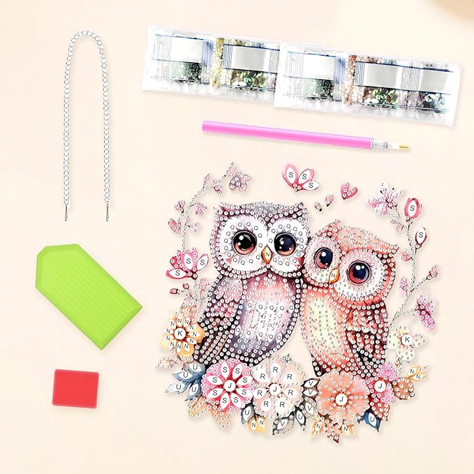 Lxmsja DIY Two Owls Diamond Painting Hanging Ornament, Double-Sided Acrylic Flowers Tree Branch Diamond Art Kit, Special Shaped Suncatcher Hanging Pendant Window Art Kit 8x8 inch