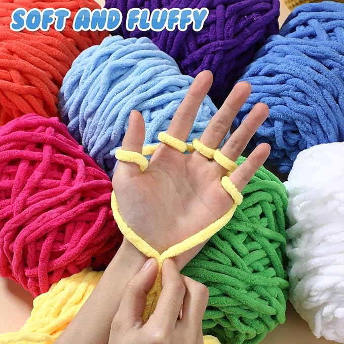 Buryeah Chunky Chenille Yarn for Crocheting Soft Thick Fluffy Yarn for Hand Knitting Bulky Velvet Blanket Plush for Weaving DIY Crafts Each 3.5 oz 55 Yards(Bright Colors,8 Pack)