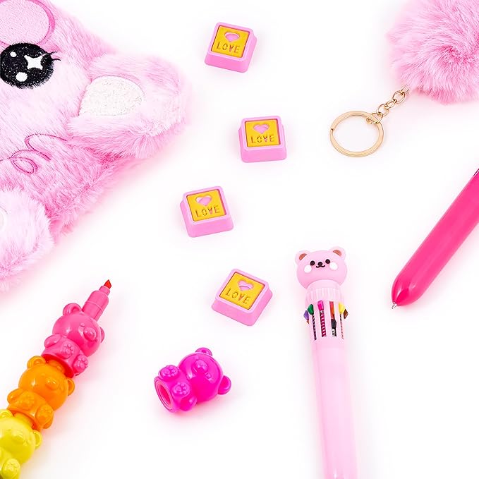 votum fuzzy bear stationery gift set for kids – plush notebook, stackable highlighters, click pens, sticky notes & erasers – cute pink writing supplies case