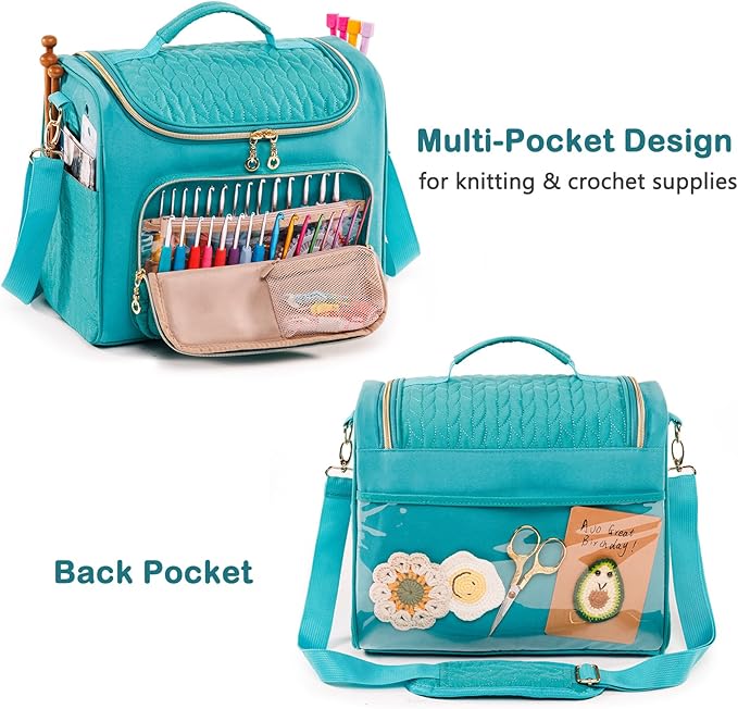 MYBAGZING Crochet Bag Organizer, Quilted Storage Bag with Hanging Hook, Yarn Holder for Knitting & Crochet Accessories, Crochet Gift for Mother's Day