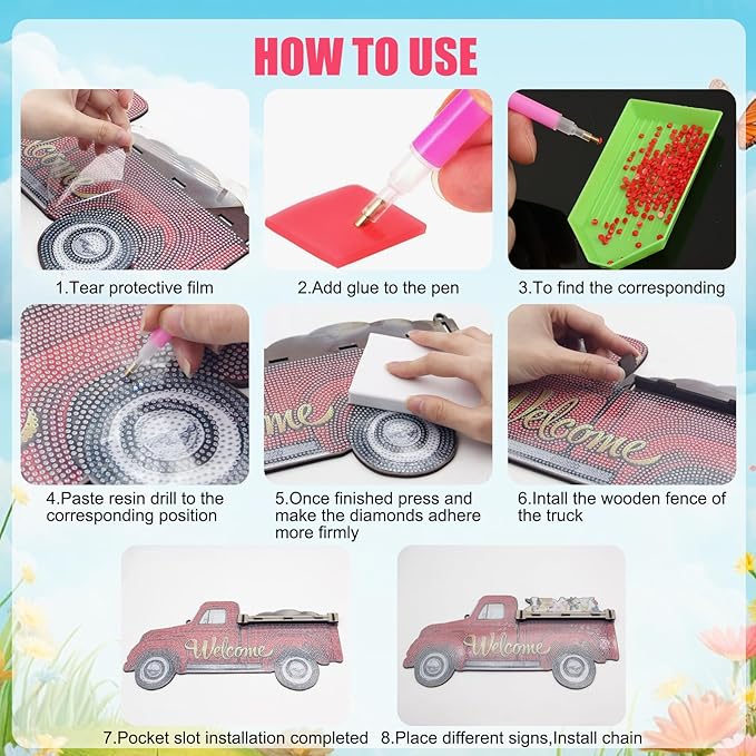 APCGSM 13PCS Interchangeable Diamond Painting Welcome Sign for Front Door Holiday Decor Red Truck Hanging Sign DIY Diamond Art Kits for Adults Interchangeable Seasonal Decor for Home Wall Farmhouse