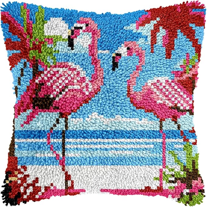 veirousa Flamingos Latch Hook Kits for Adults, Beginners DIY Hooked Pillow Kit Pre-Printed Pillowcase Hook and Latch Rug Kits Cross-Stitch Cushion Cover for Home Sofa Decoration 17x17 inch
